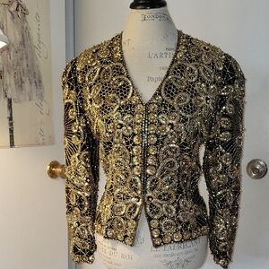 Black Tie - Neiman Marcus 80's Gold Beaded Silk Jacket- Size M